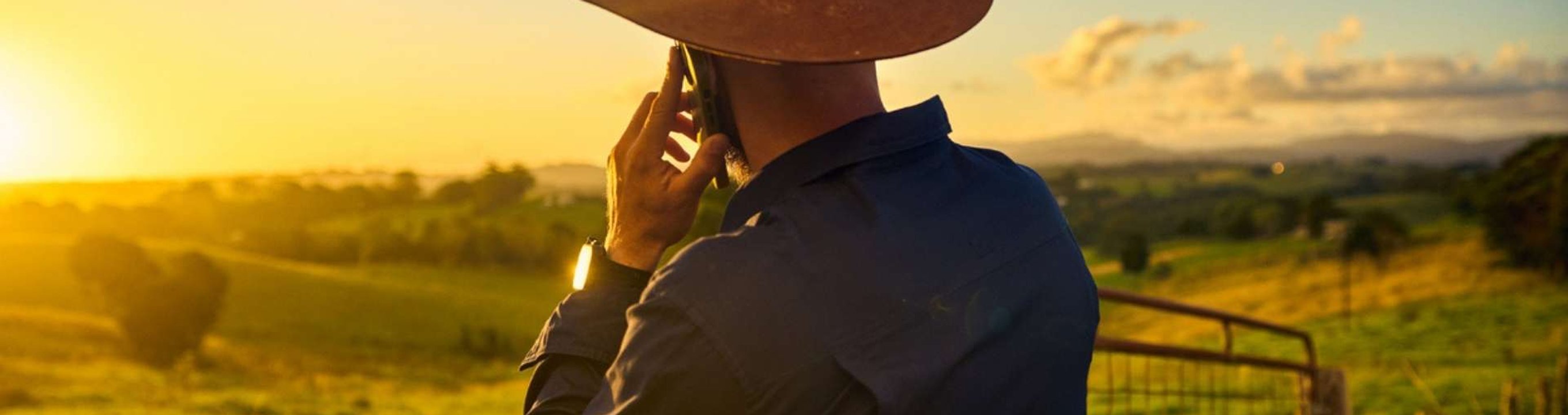 Person standing by a fence in a rural landscape, talking on a smartphone.