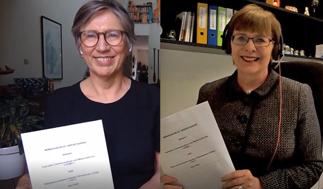 Ombudsman Judi Jones and ACMA Chair Nerida O'Loughlin hold the signed MoU