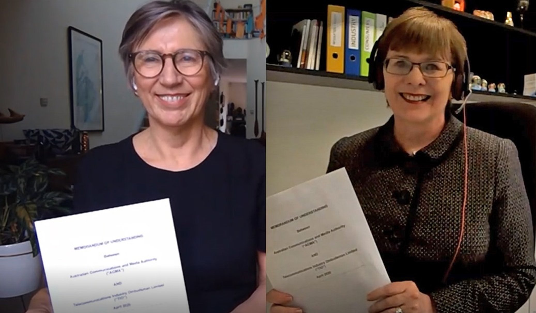Ombudsman Judi Jones and ACMA Chair Nerida O'Loughlin hold the signed MoU