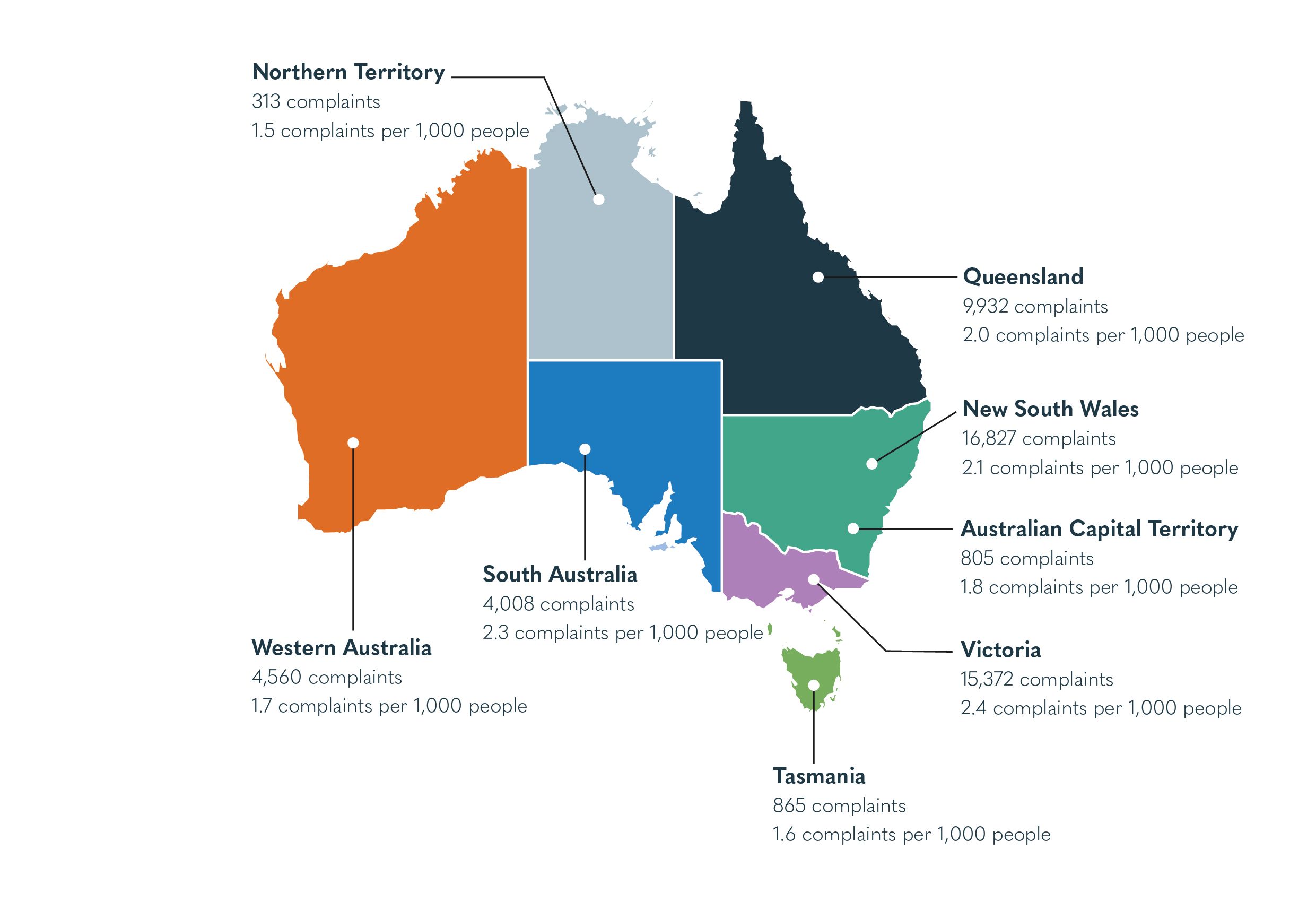 Map of Australia showing TIO complaints and complaint rates per 1,000 people by state and territory for FY2025-26.
