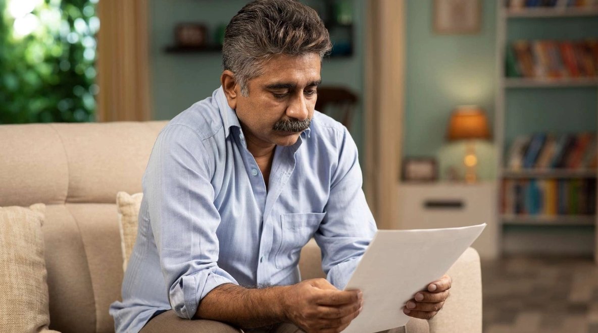 Person sitting on a couch reviewing a document in a living room